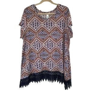 Just Be Brown Blue Lace Hem Short Sleeve Blouse Knit Top Womens Plus Size 3X